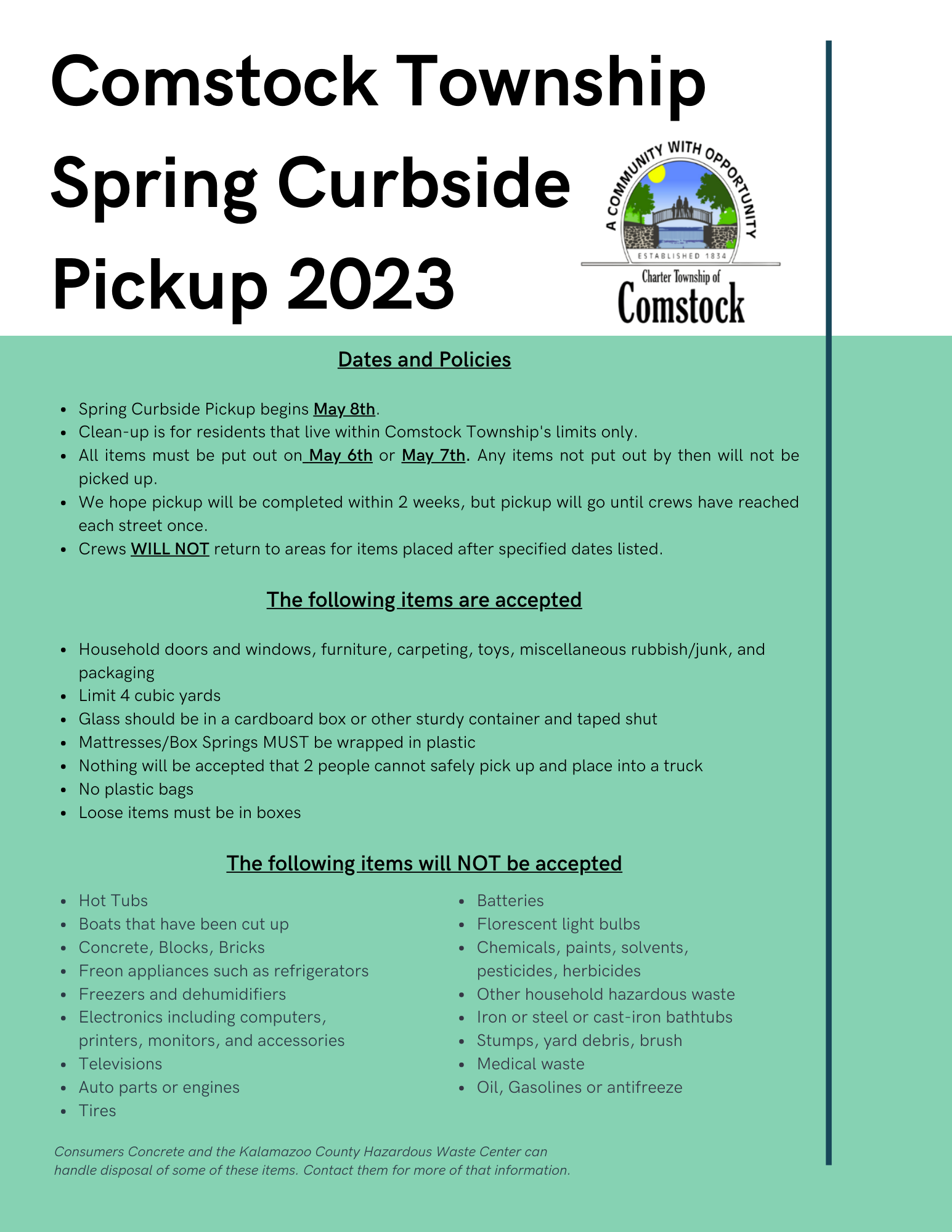 2023 Spring Curbside Pickup Information Comstock Township