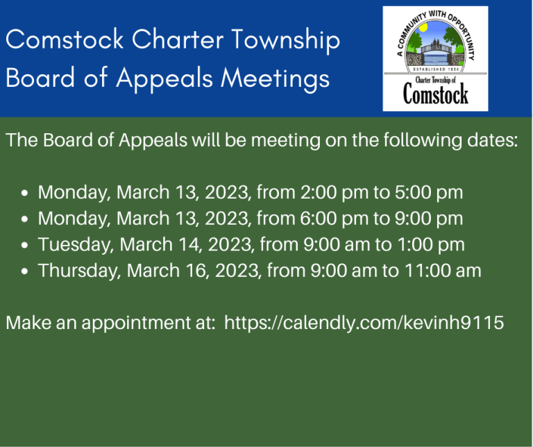 Board of Appeals Meetings 2023 Schedule Comstock Township