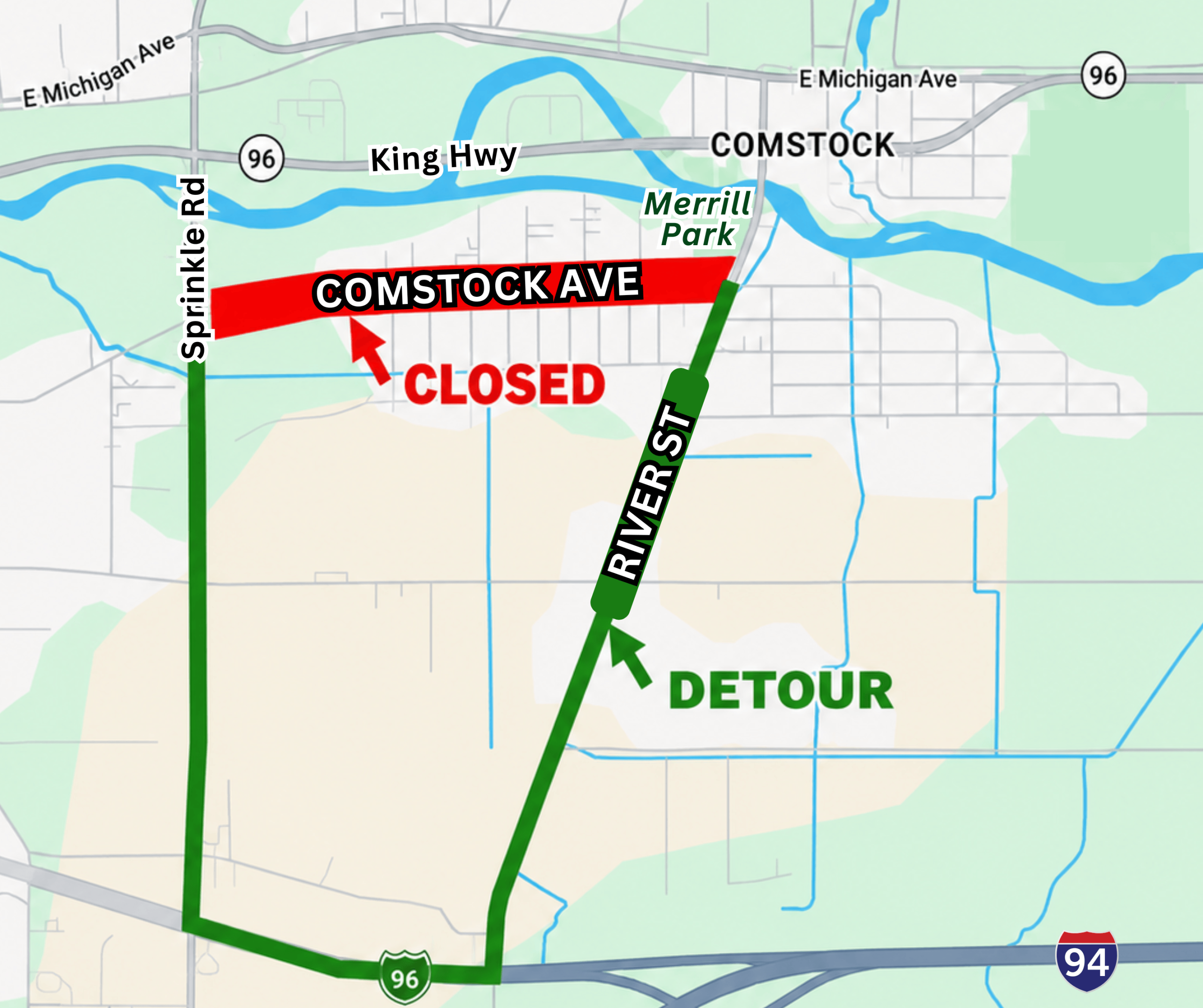 Map graphic showing a road closure and detour route in the Comstock area. A red highlighted section labeled CLOSED marks the affected roadway along Comstock Ave between Sprinkle Road and River Street. A green highlighted route labeled DETOUR directs traffic south on Sprinkle Road to I-94 Business Loop, west along the corridor, then north via River Street. The map includes labeled roads and landmarks including Merrill Park at the corner of Comstock Ave and River Street.